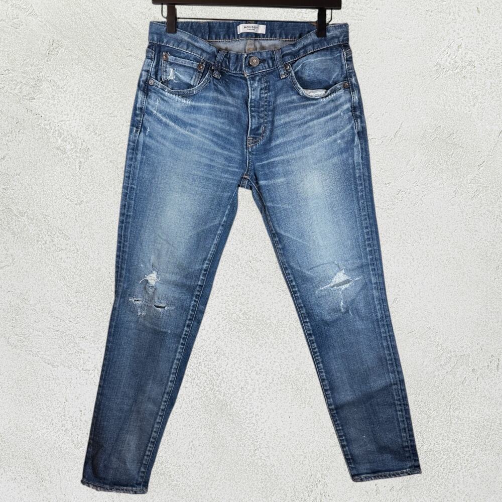 Moussy Vintage Mid Rise Straight Leg Jeans Blue Wash Sz M US 28 Distressed